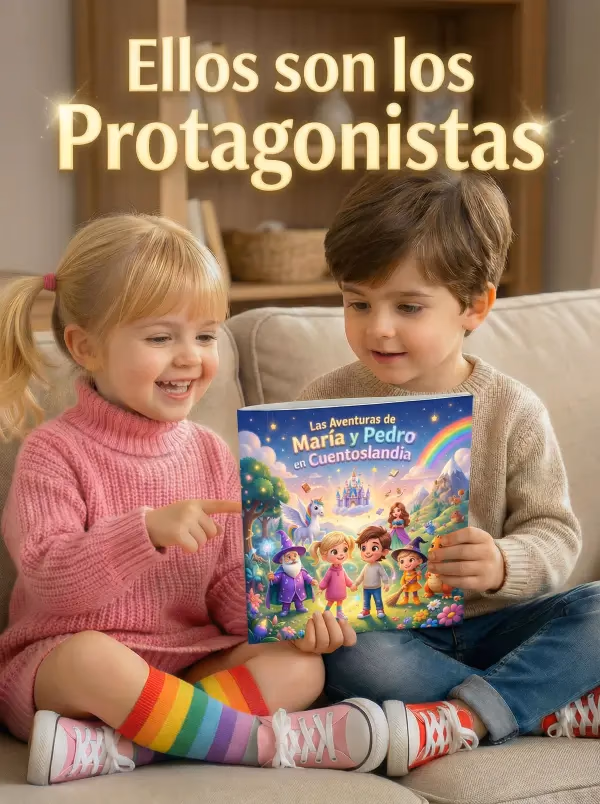 Niños leyendo felices su cuento personalizado
