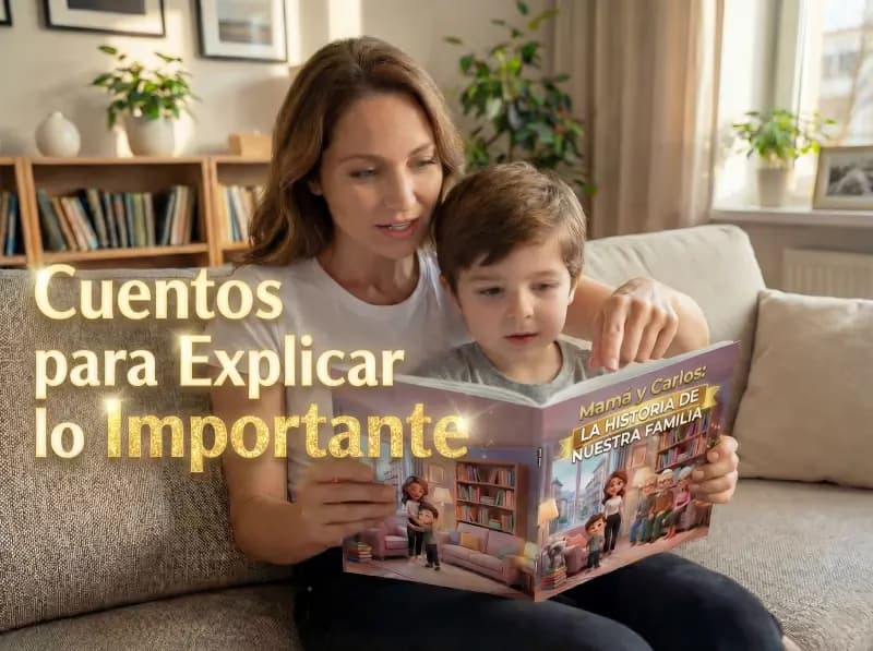 Madre explicando a su hijo su situacion familiar a través de un cuento personalizado