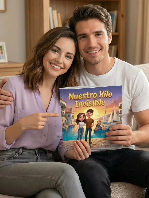 Pareja feliz con su cuento personalizado de su historia de amor