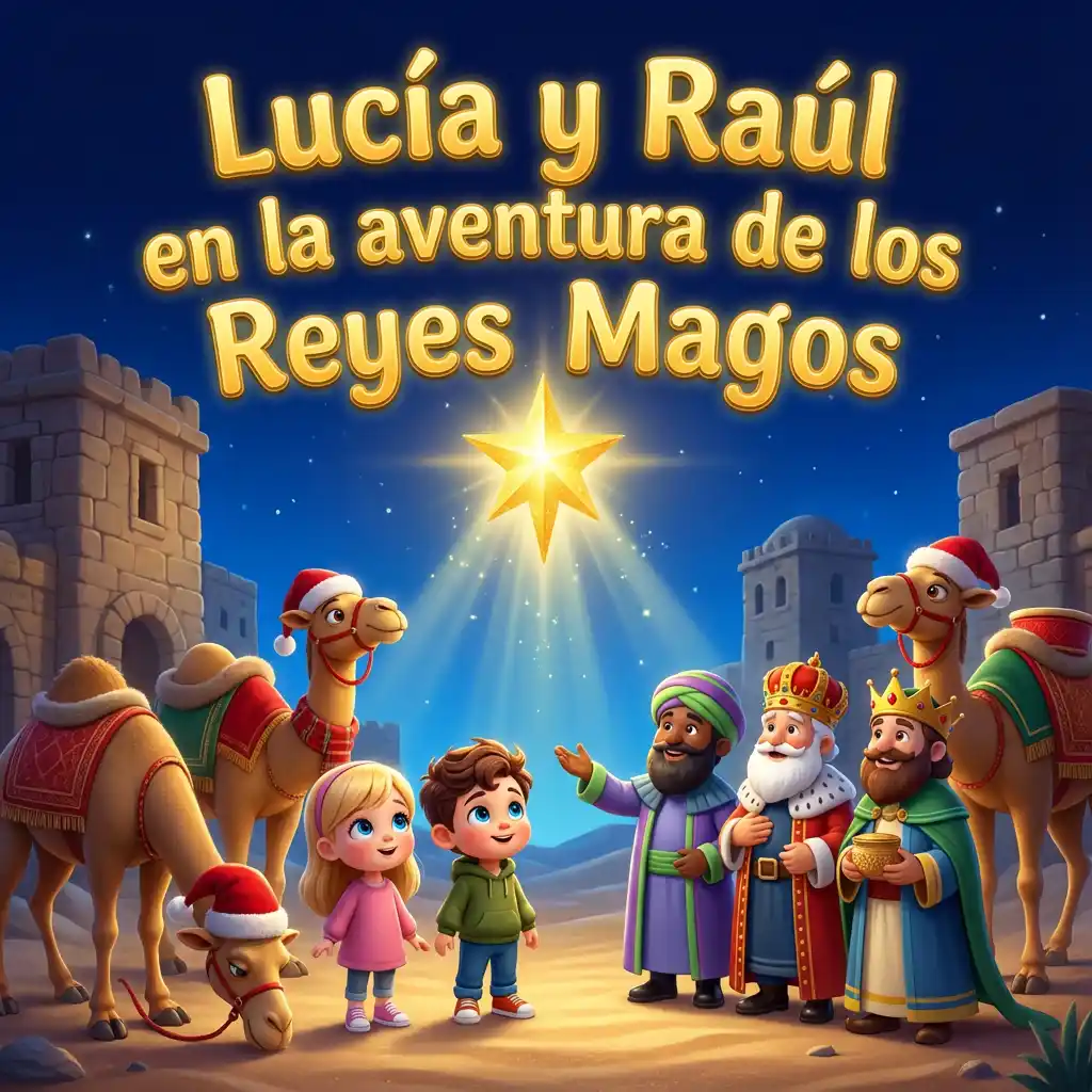 Portada ilustrada de «Lucía y Raúl en la aventura de los Reyes Magos»
