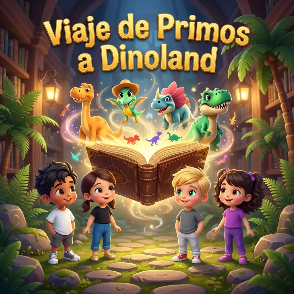 Portada ilustrada de «Viaje de primos a Dinoland»