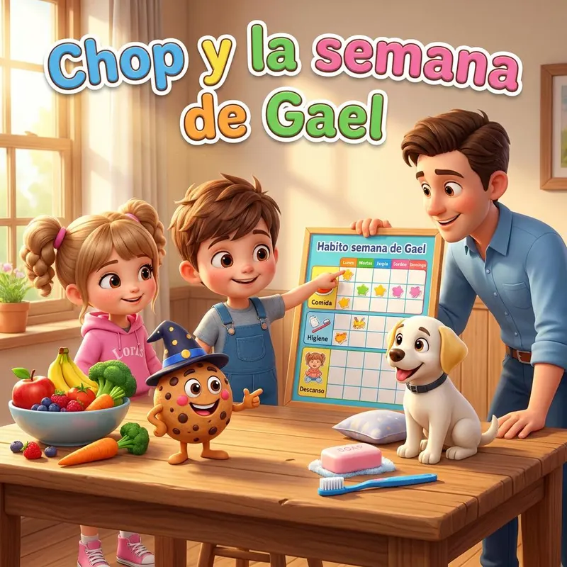 Gael, Nerea, su papá Rubén y el perro Loski junto a una tabla de hábitos, con Chop, la galleta con sombrero, sobre la mesa