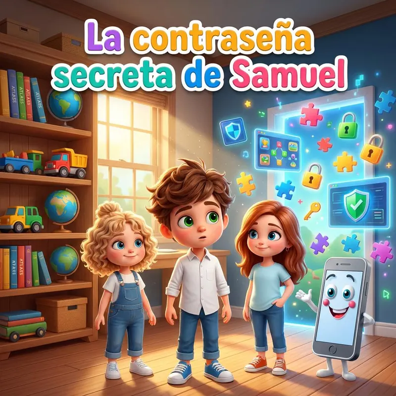 Ainhoa, Samuel y su madre, Noemí, con Piko, el móvil parlante, ante una pantalla llena de candados y escudos