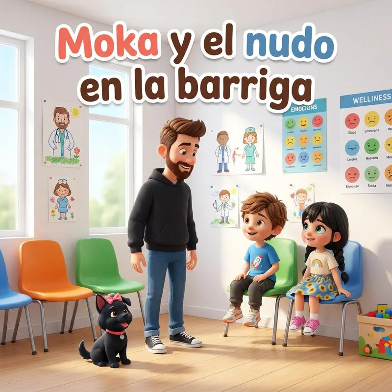 Sergio, Iker y Abril en la sala de espera del centro de salud, con Moka, un perrito negro con lazo rosa