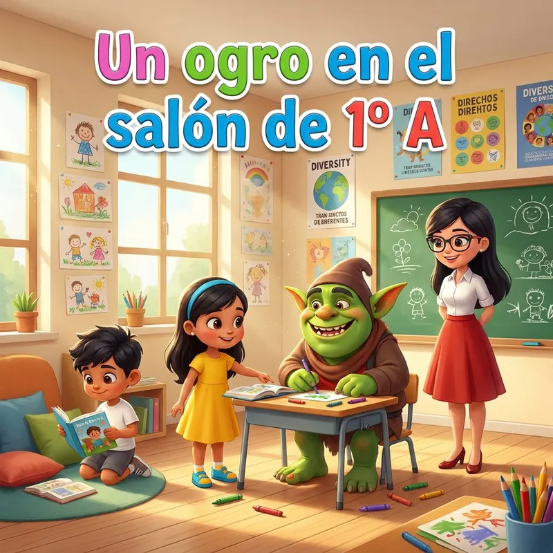 Yuko, el ogro verde, sentado a un pupitre del salón con Ximena, Emiliano y la maestra Lupita